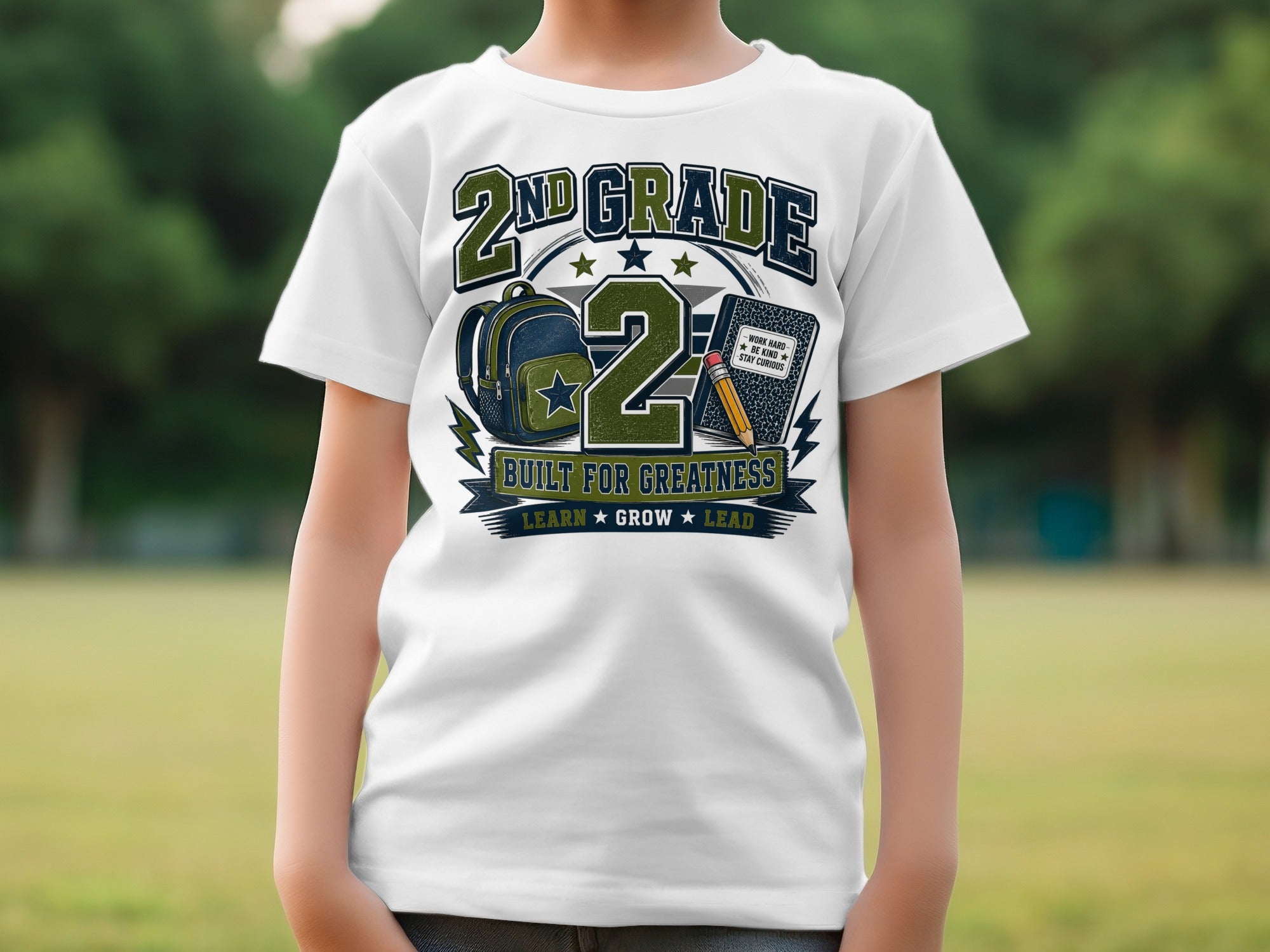 "2nd Grade Built for Greatness" t-shirt with backpack and notebook graphic.