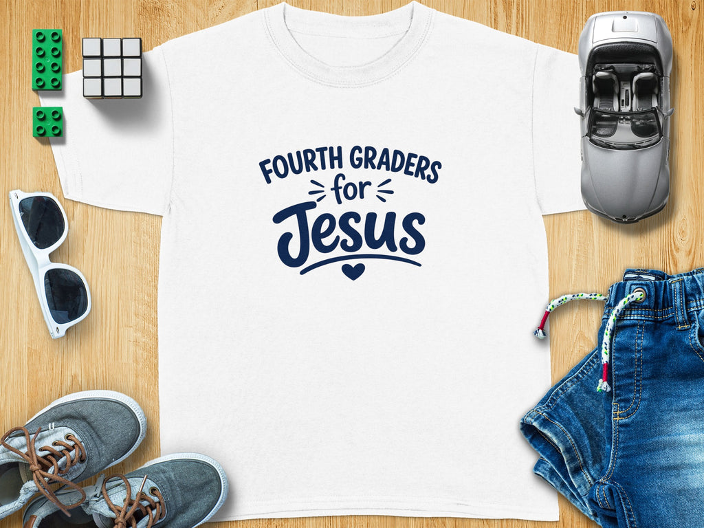 White t-shirt with "Fourth Graders for Jesus" text and blue heart graphic.