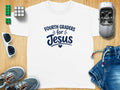 White t-shirt with "Fourth Graders for Jesus" text and blue heart graphic.