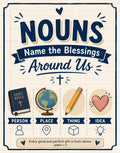 Nouns for person, place, thing, idea: Bible, globe, pencil, heart, and lightbulb.