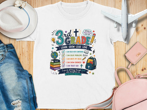 Third grade learning and faith graphic tee with Bible verse.
