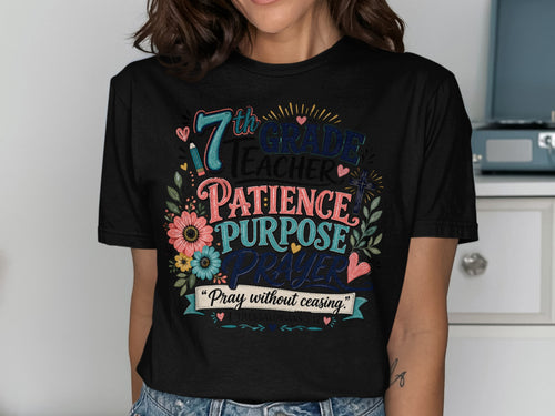 Black t-shirt with "7th Grade Teacher" text and floral accents.
