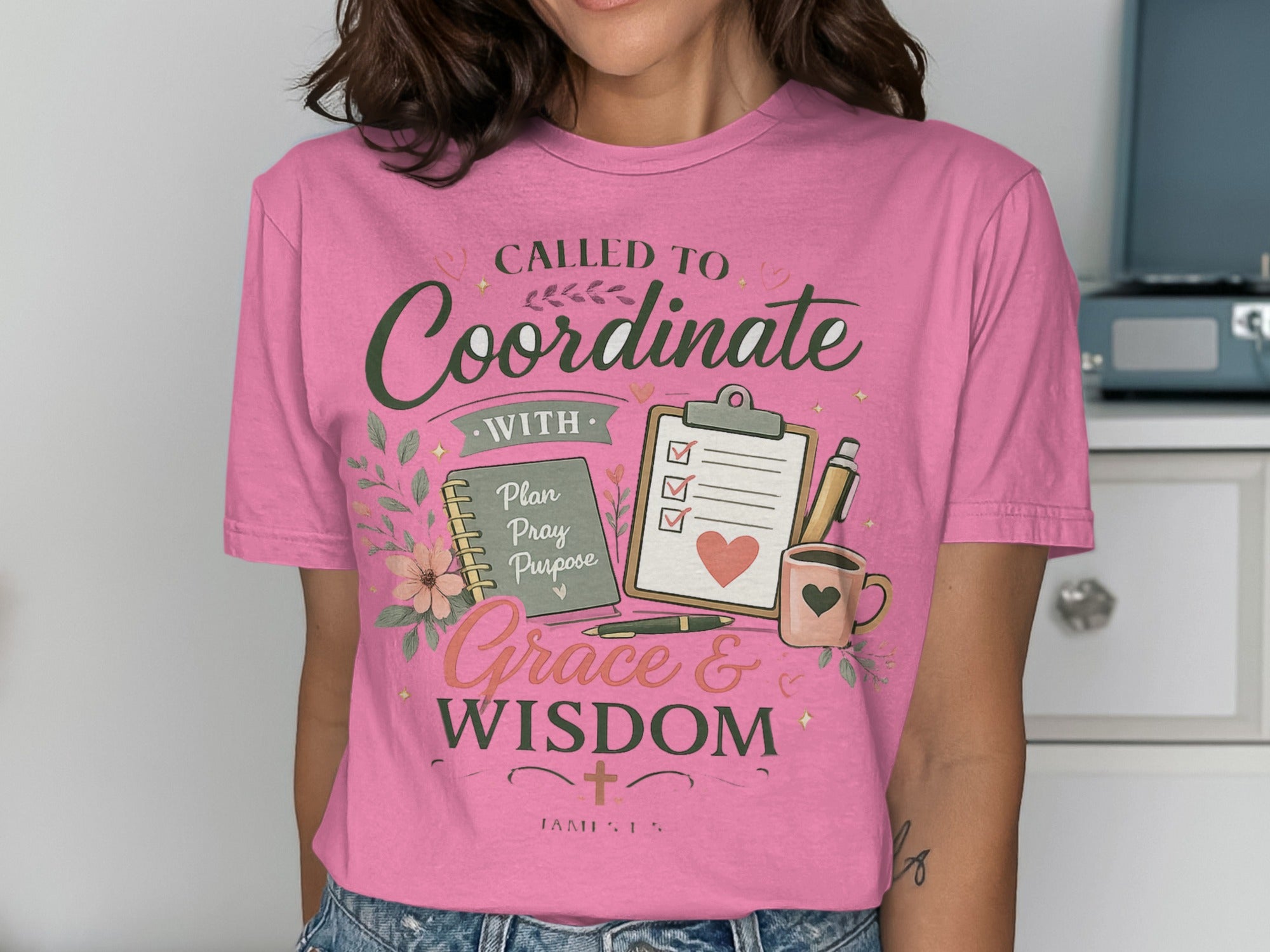 Pink t-shirt with "Called to Coordinate with Grace & Wisdom" and planner graphic.