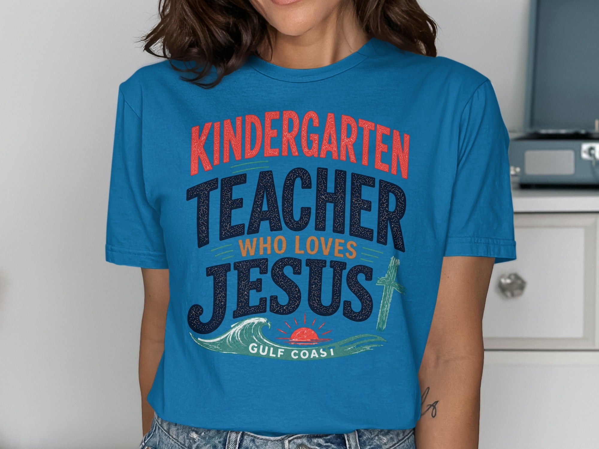 Kindergarten Teacher Who Loves Jesus Gulf Coast t-shirt.