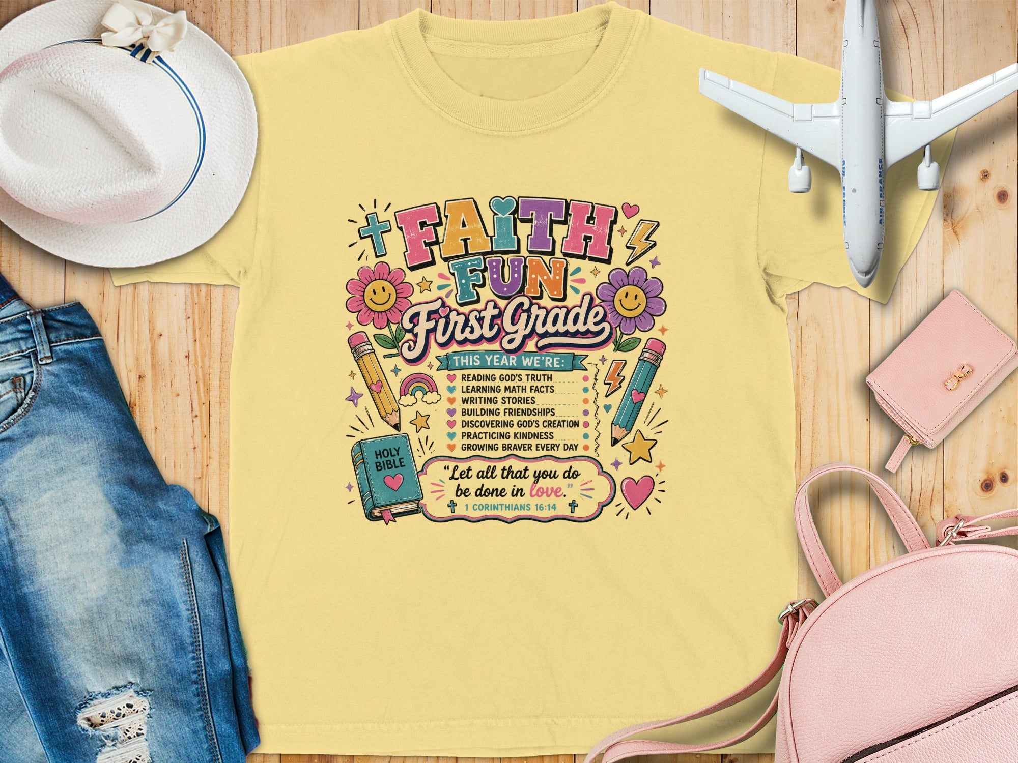 "First Grade Faith and Fun" t-shirt with Bible verse.
