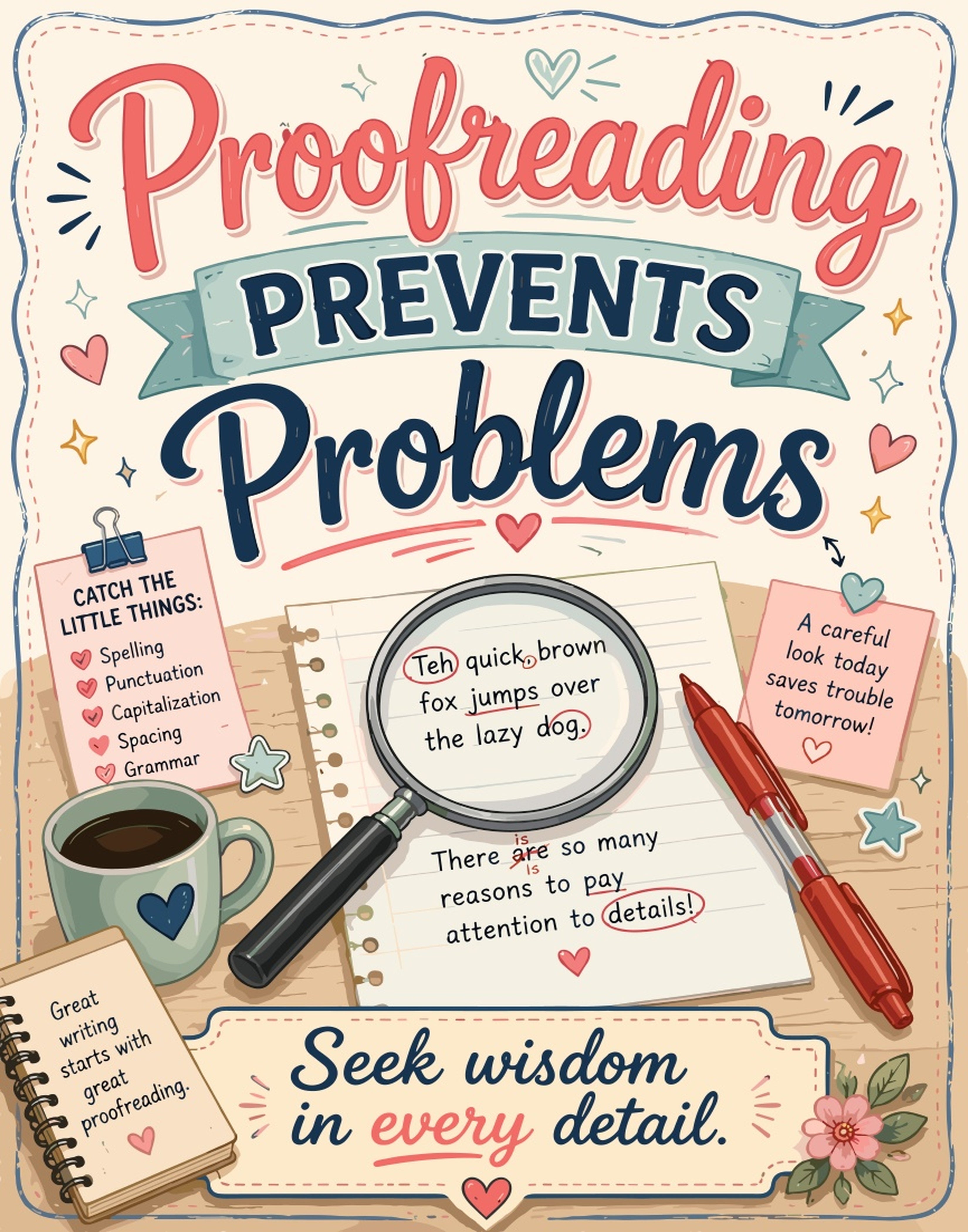 "Proofreading Prevents Problems" text with proofreading tools and examples.