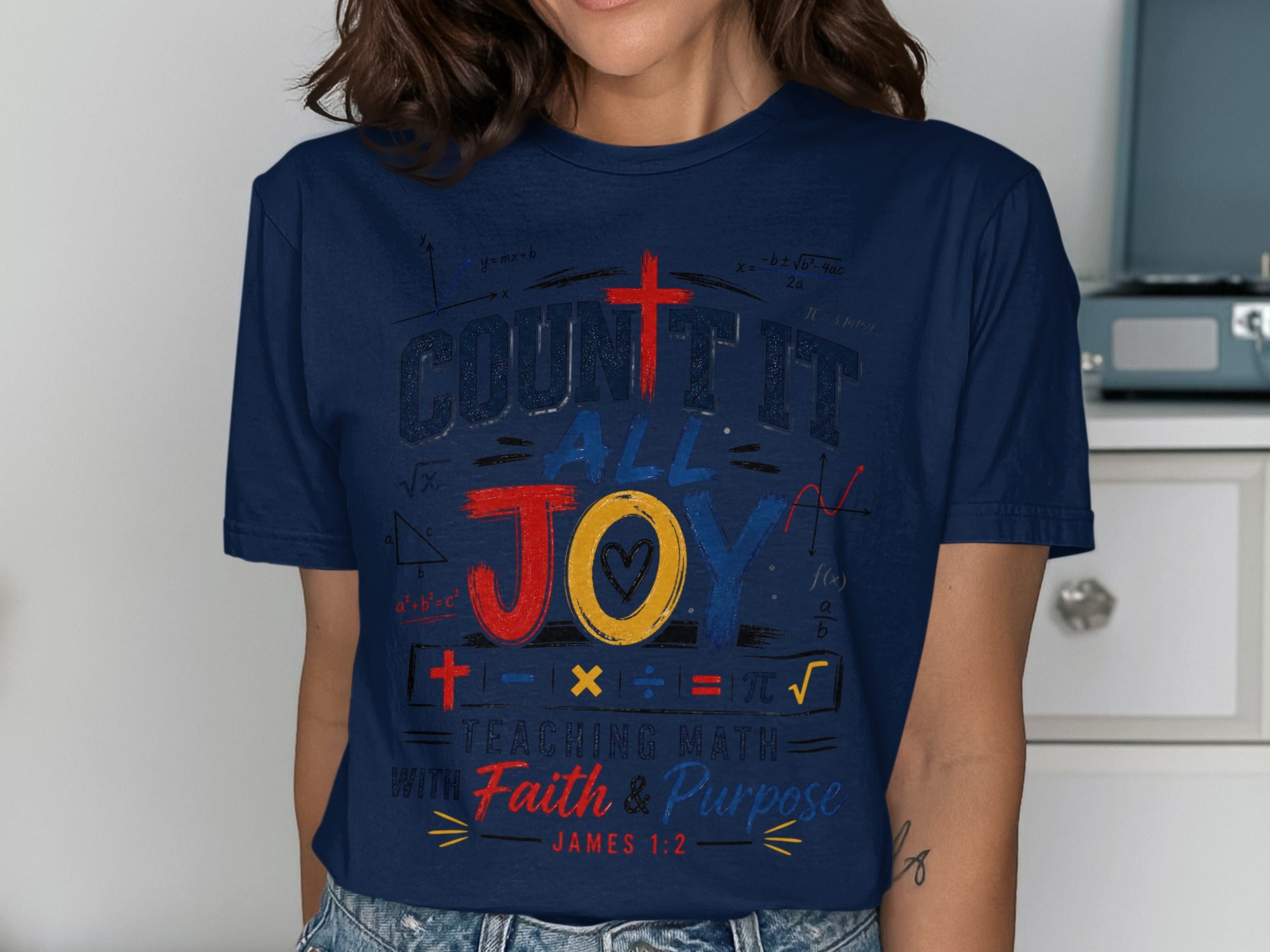 T-shirt with "Count It All Joy Teaching Math With Faith & Purpose" and equations.