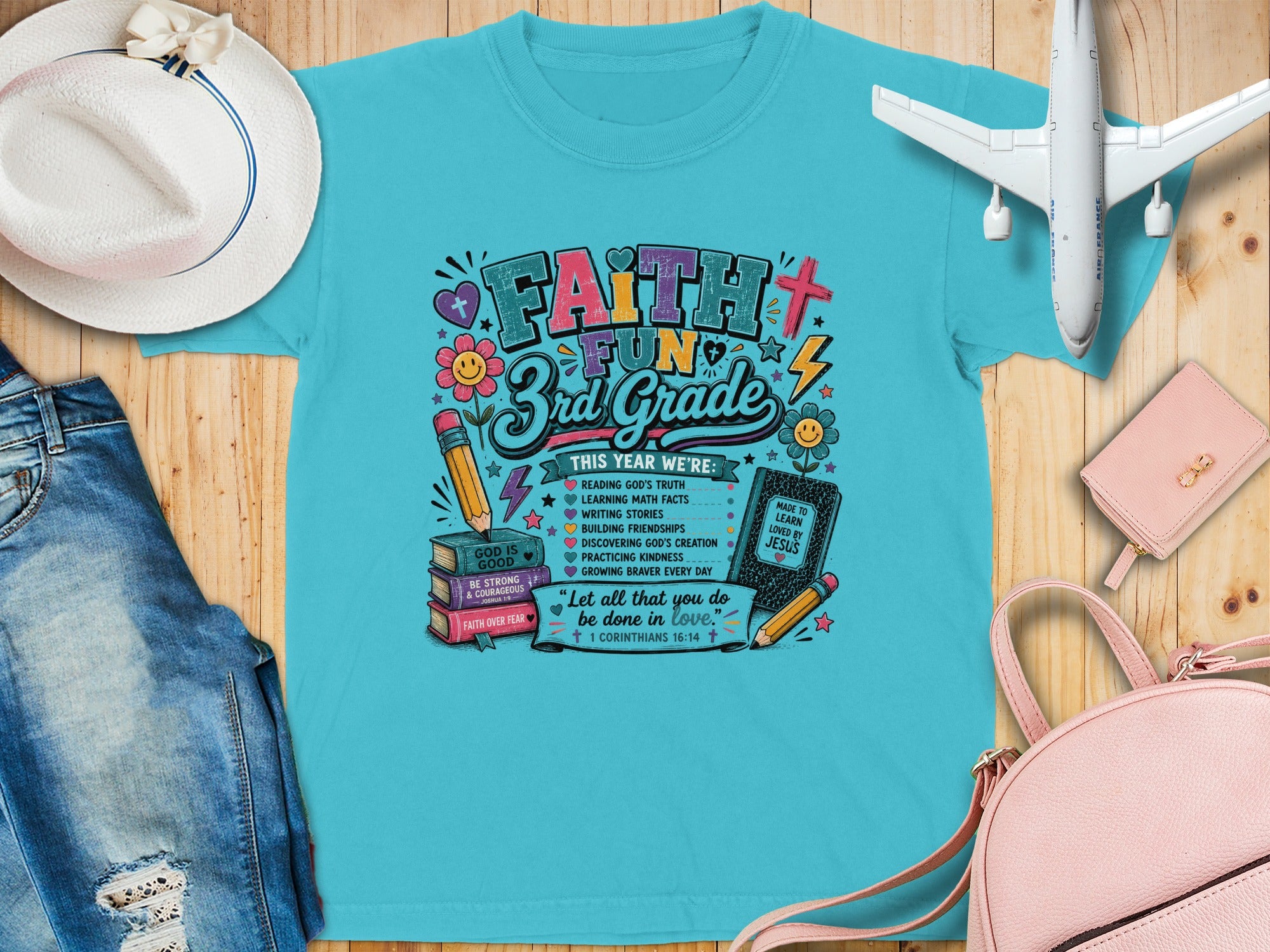 Faith Fun 3rd Grade shirt with Bible verses and school-related icons.