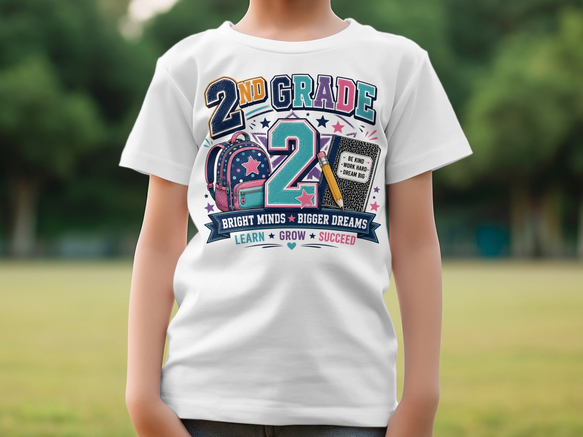 2nd Grade t-shirt with "Bright Minds Bigger Dreams" and school-themed graphics.