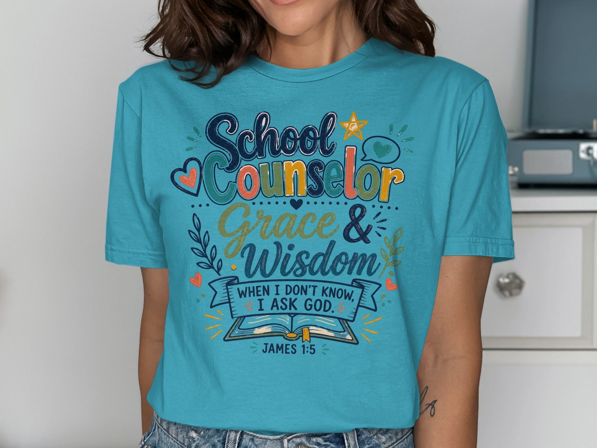 Teal t-shirt with "School Counselor Grace & Wisdom" and James 1:5 Bible verse.
