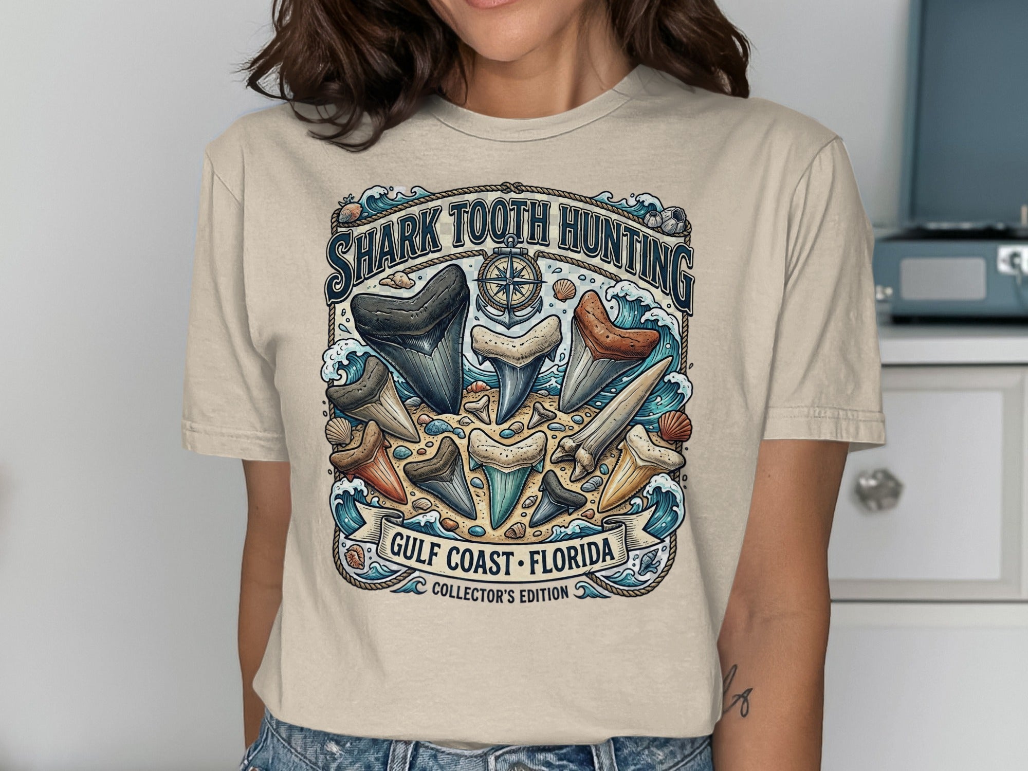 Shark tooth hunting graphic with sharks teeth, waves, compass, and text.