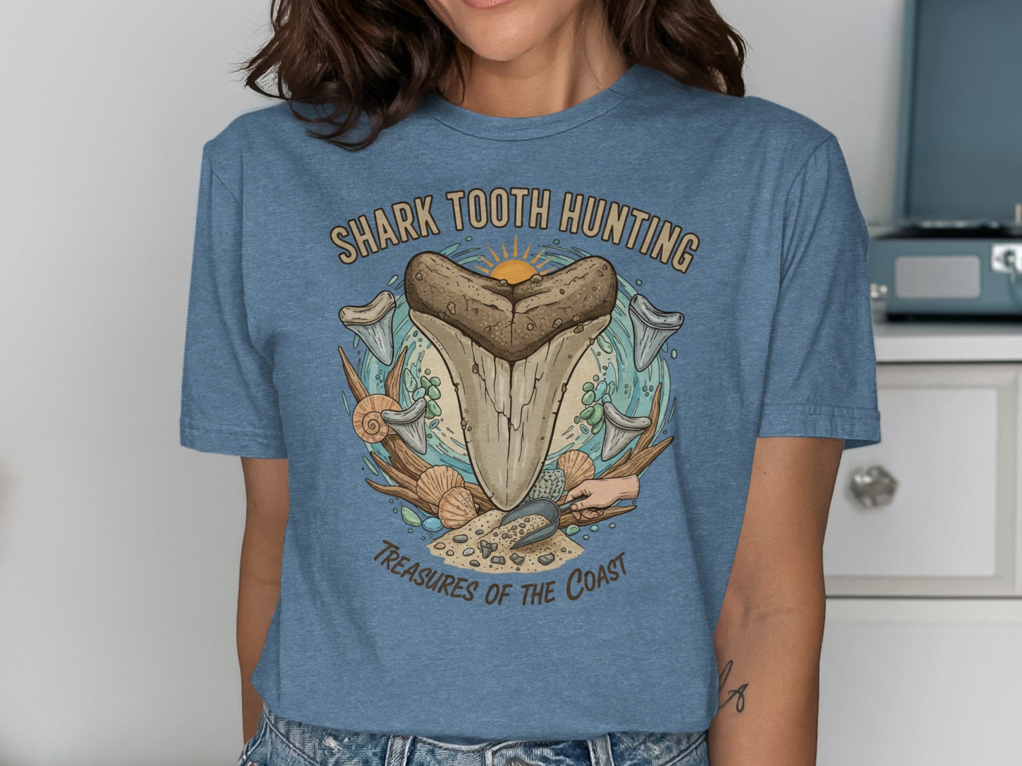 Shark tooth hunting graphic with text "Treasures of the Coast" and "Shark Tooth Hunting".