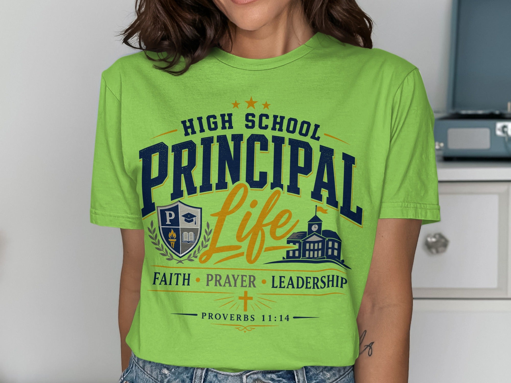 Lime green t-shirt with "High School Principal Life" graphic, shield, and school building.
