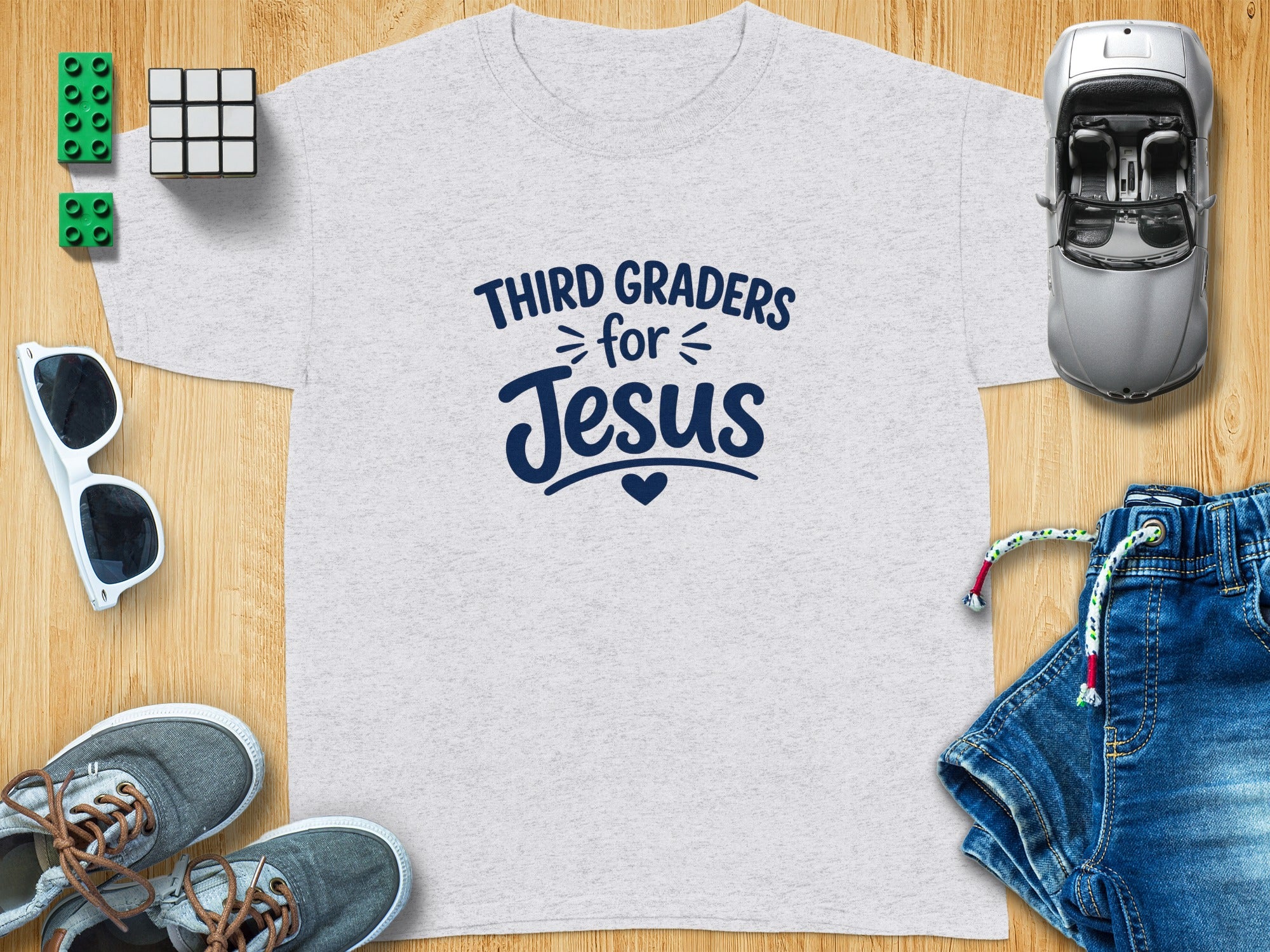 Gray t-shirt with "Third Graders for Jesus" text and heart graphic.