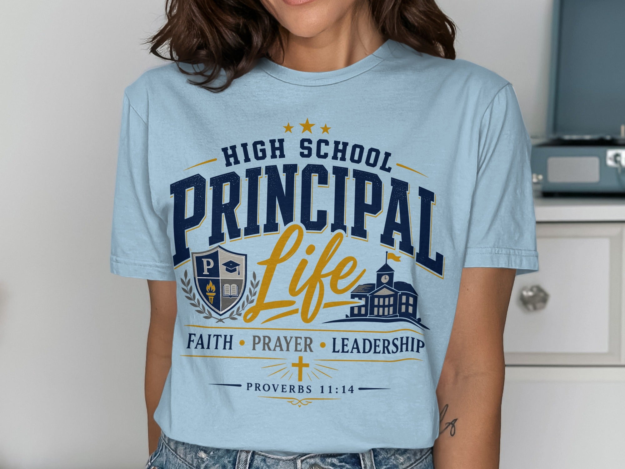 Light blue t-shirt with "High School Principal Life" text and school building graphic.