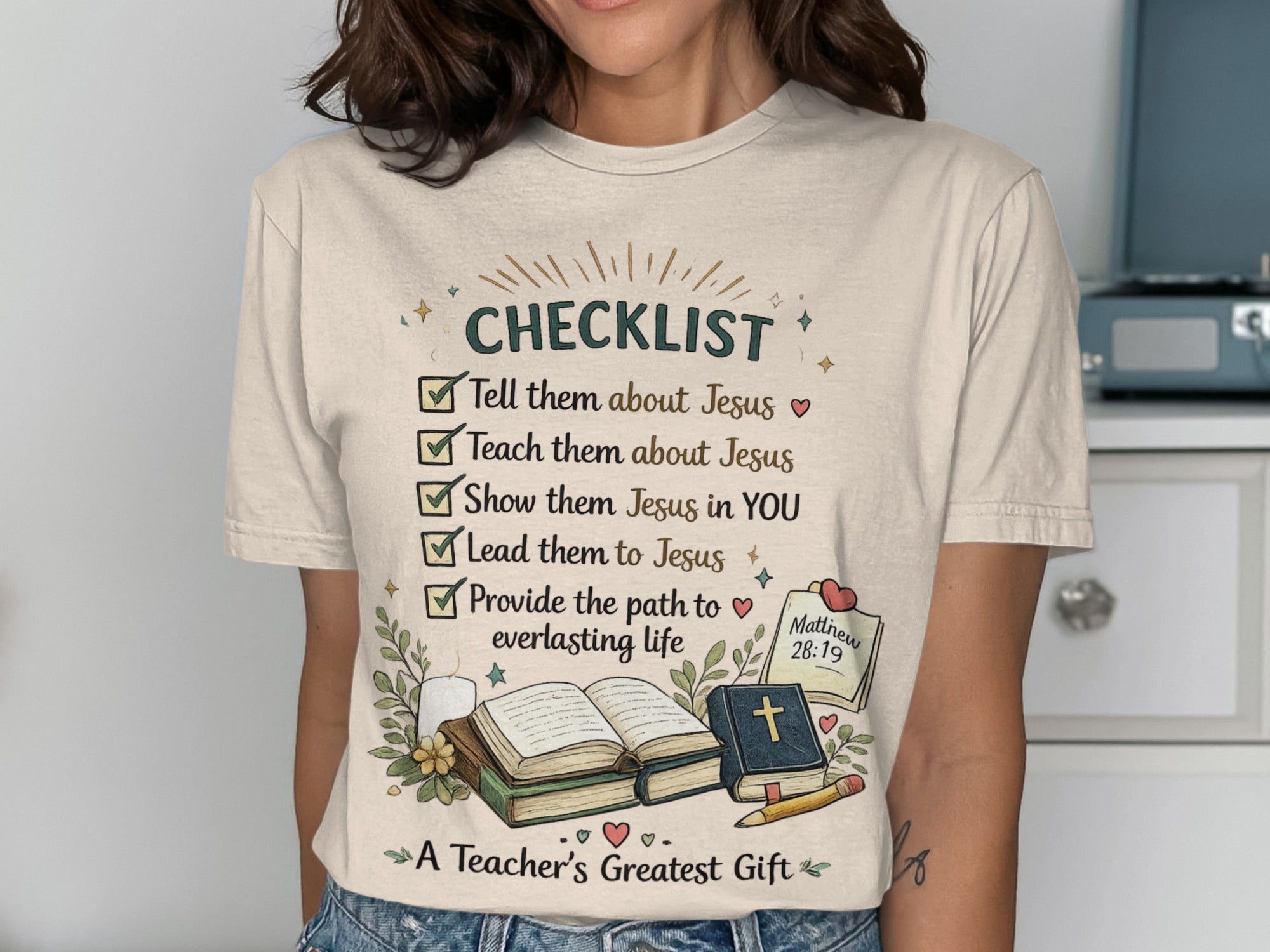 Teacher's gift t-shirt with "CHECKLIST" and Bible verses about sharing faith.