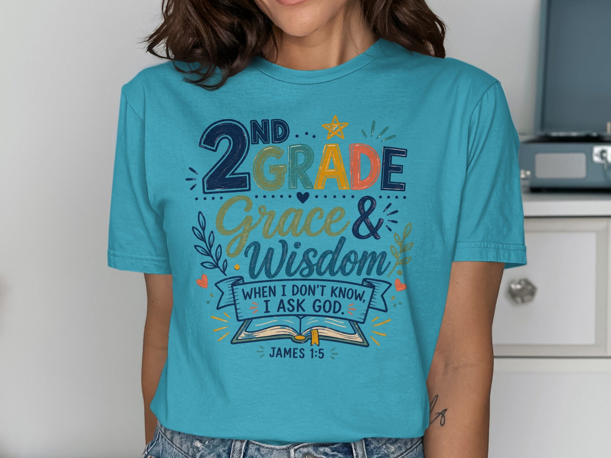 "2nd Grade Grace & Wisdom" t-shirt with James 1:5 verse.