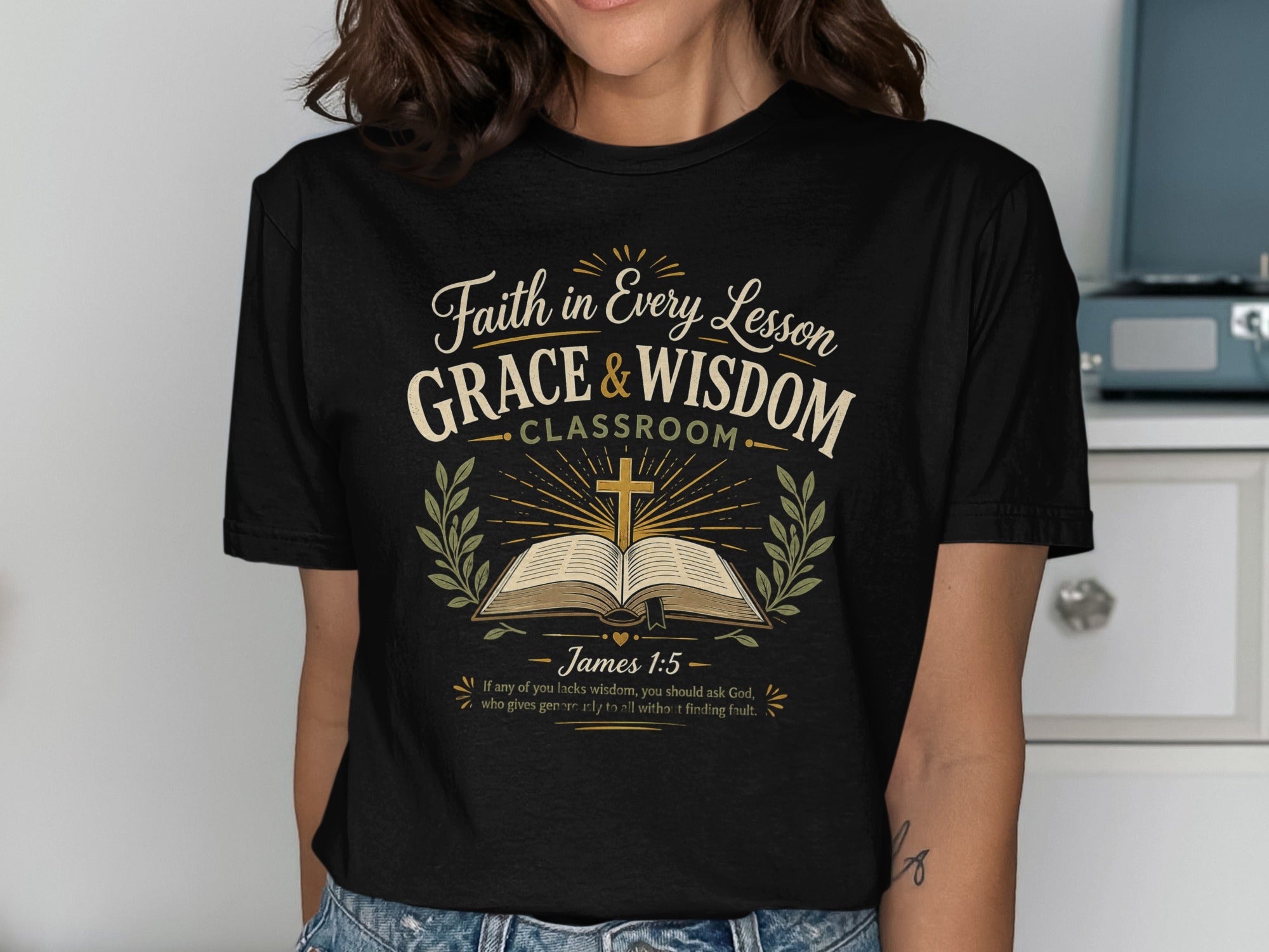 T-shirt with "Faith in Every Lesson Grace & Wisdom Classroom" and Bible verse.