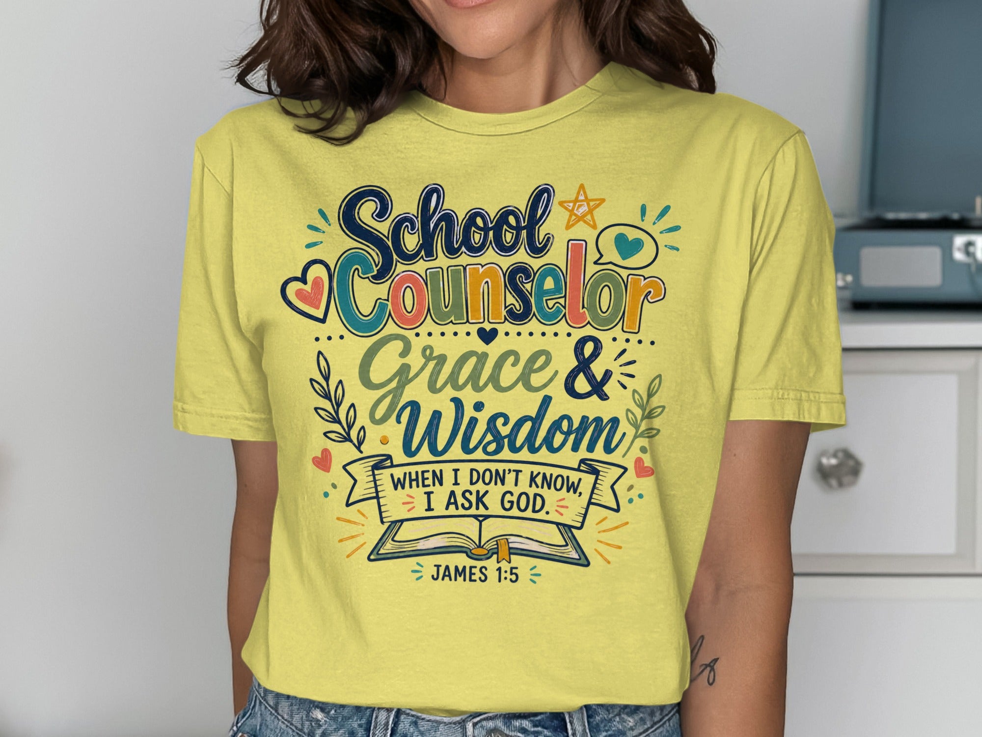 Yellow t-shirt with "School Counselor Grace & Wisdom" and Bible verse.