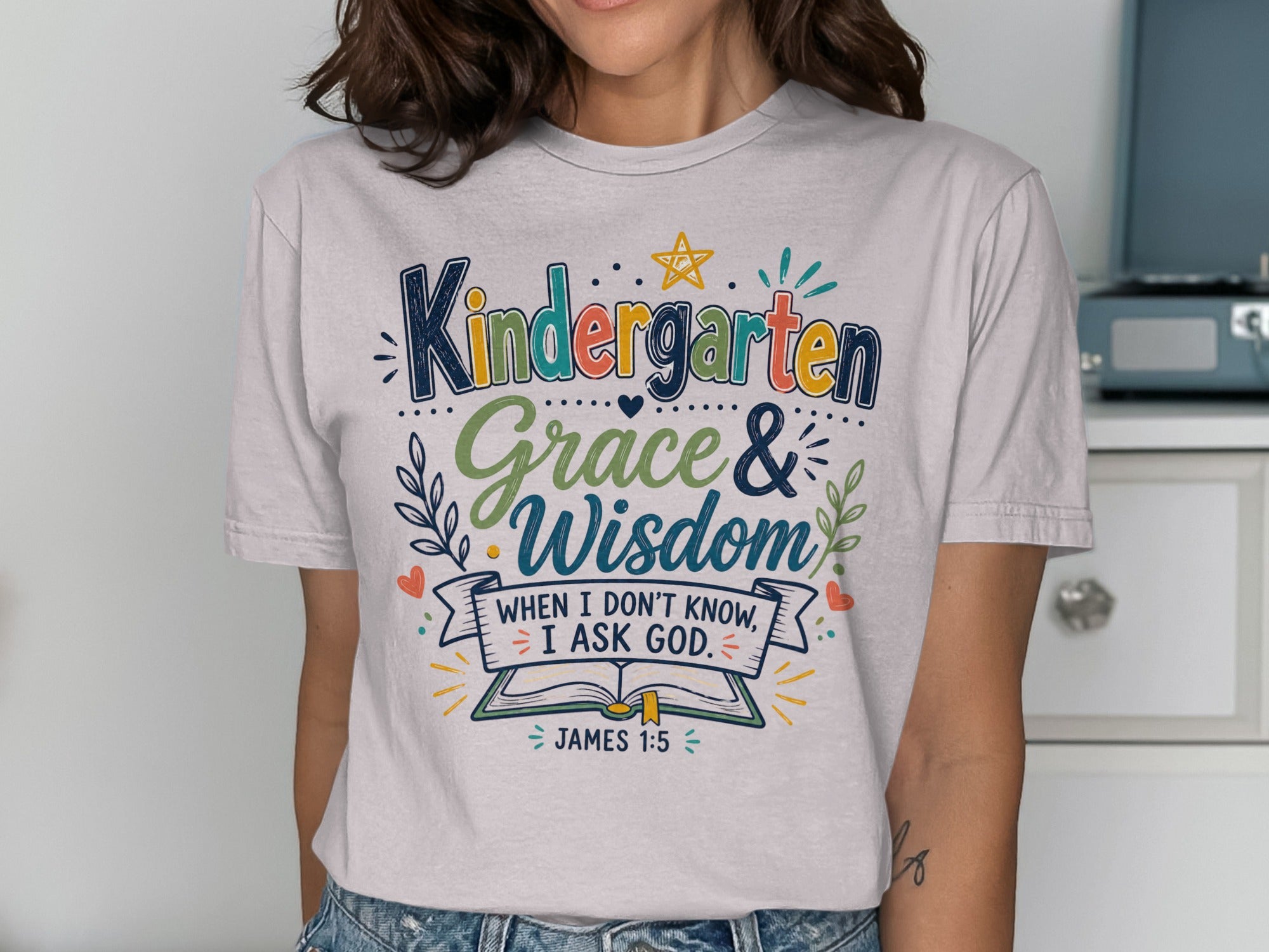 T-shirt with "Kindergarten Grace & Wisdom" and Bible verse James 1:5.