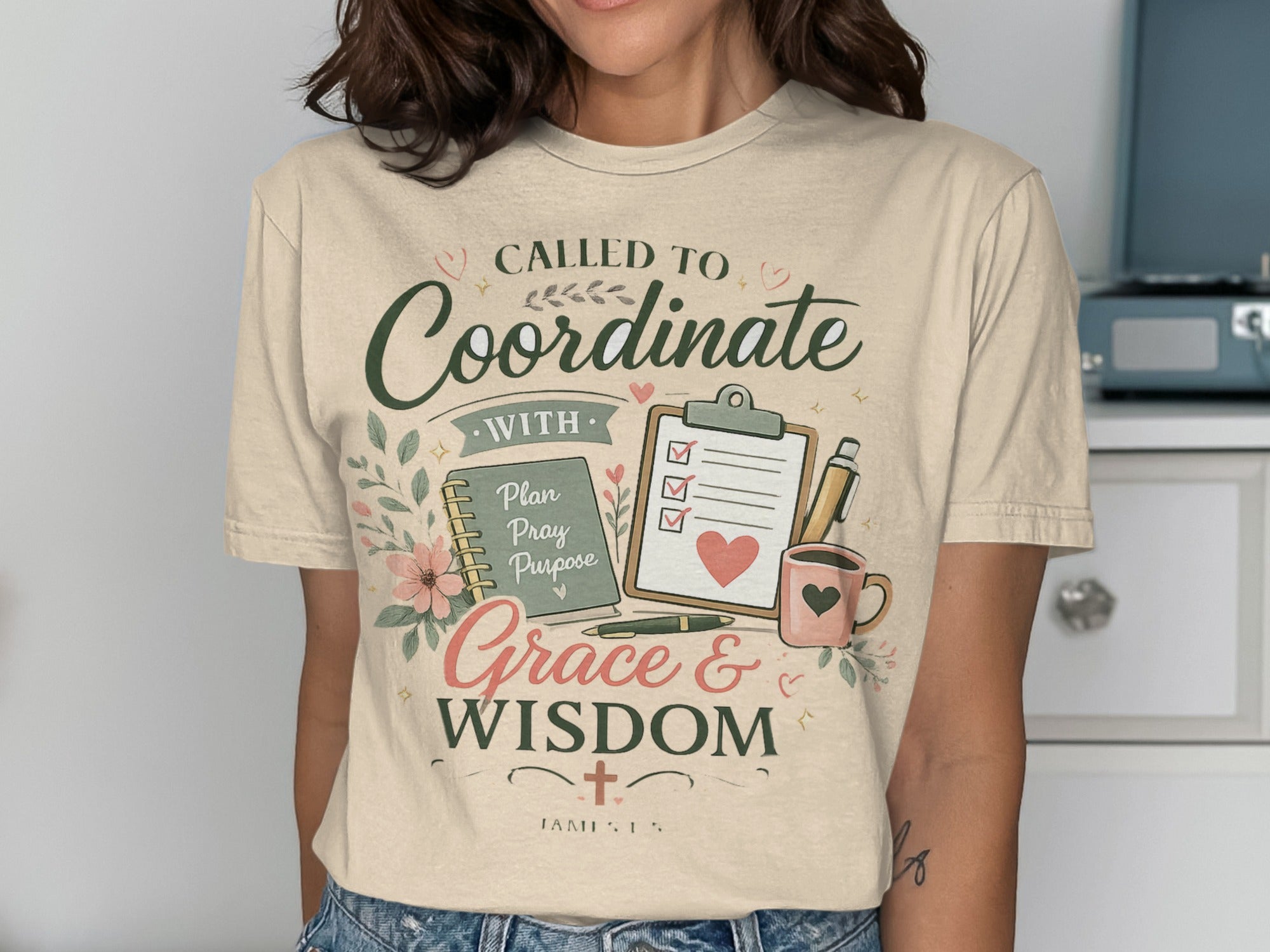 T-shirt with "Called to Coordinate with Grace & Wisdom" text and planner graphics.