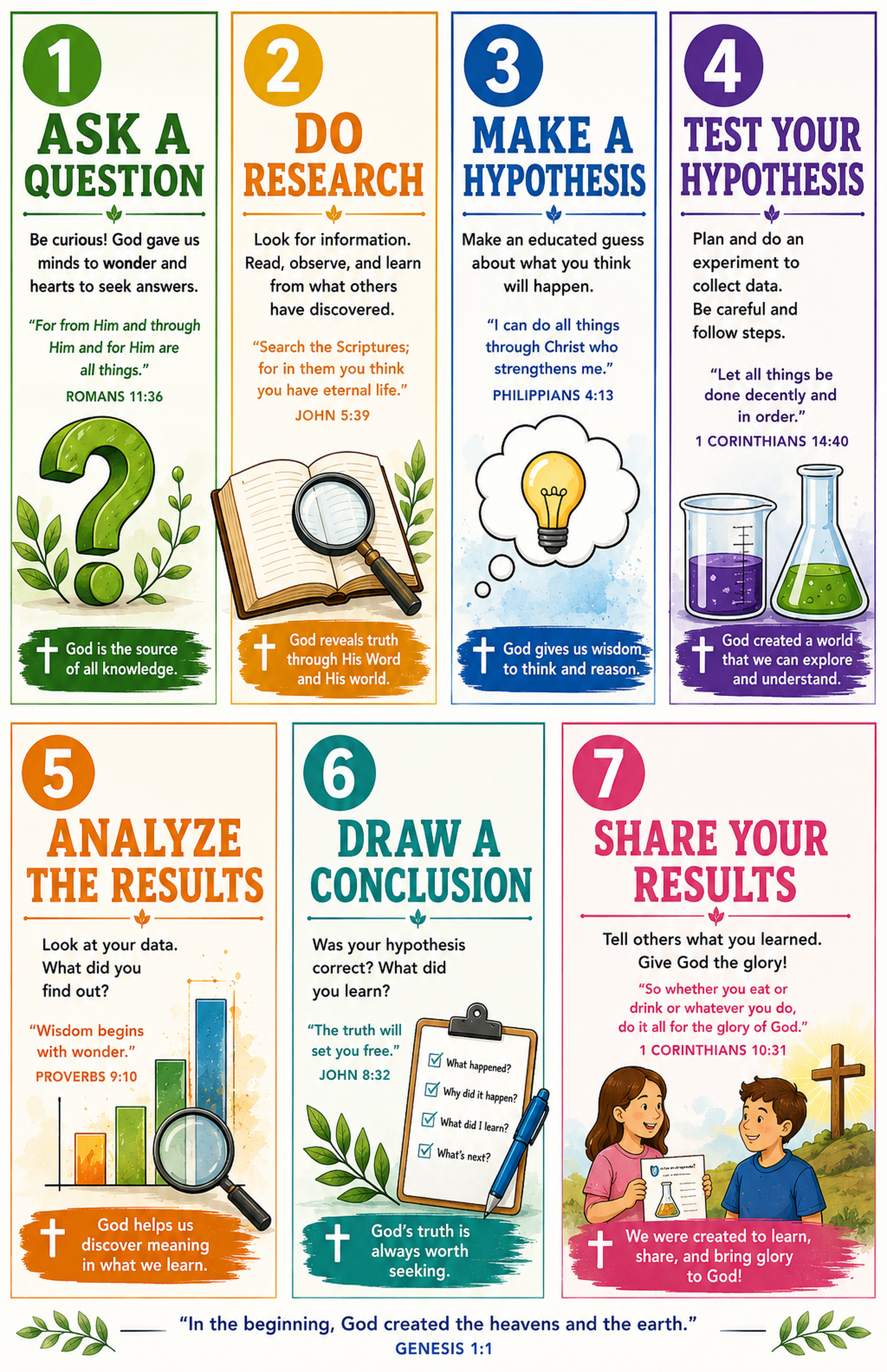 Infographic detailing seven steps to learn and discover, emphasizing God's role.