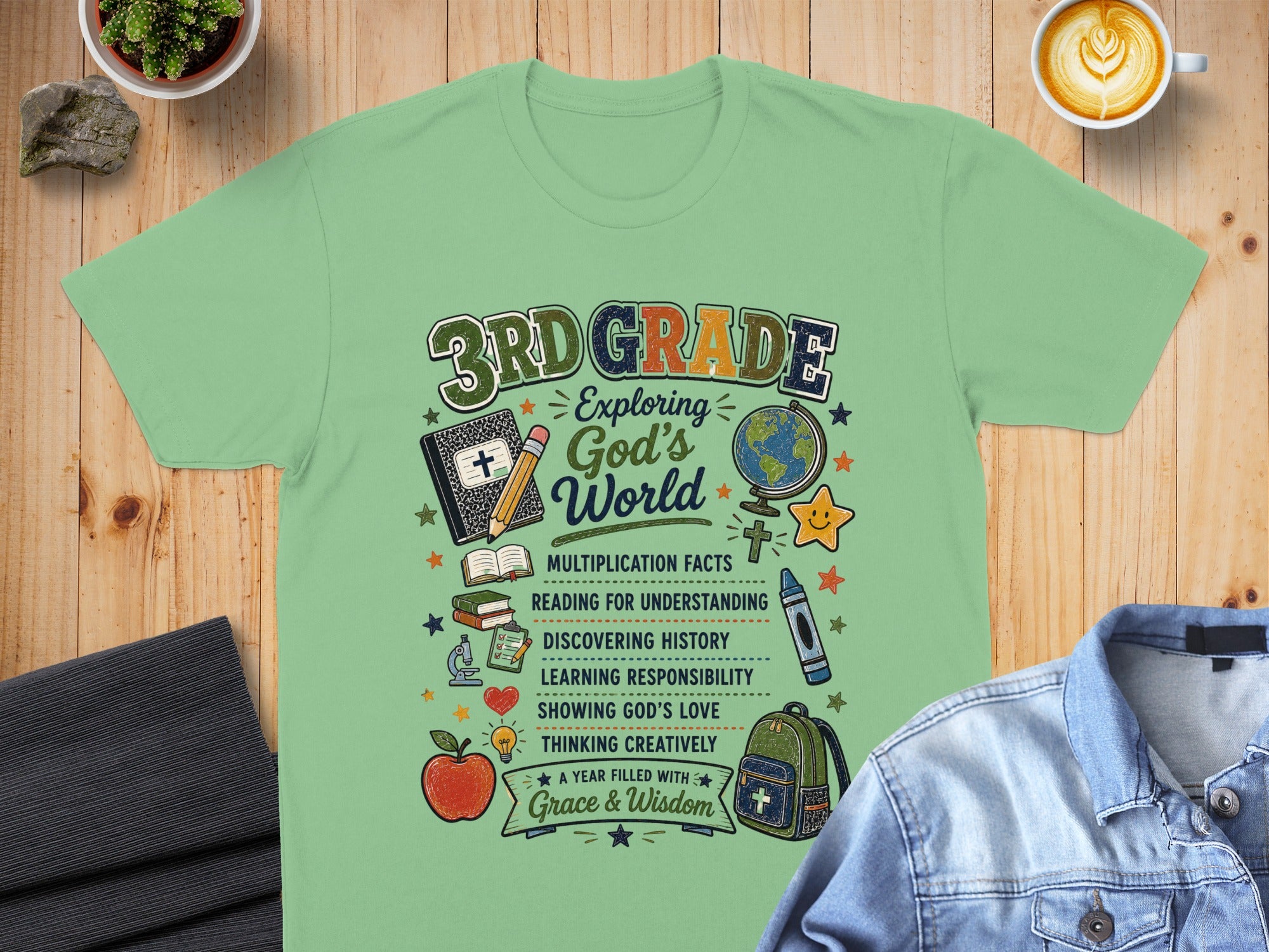 3rd Grade shirt: Exploring God's World, Multiplication Facts, Grace & Wisdom.