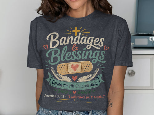 Dark t-shirt with "Bandages & Blessings" and biblical quote.
