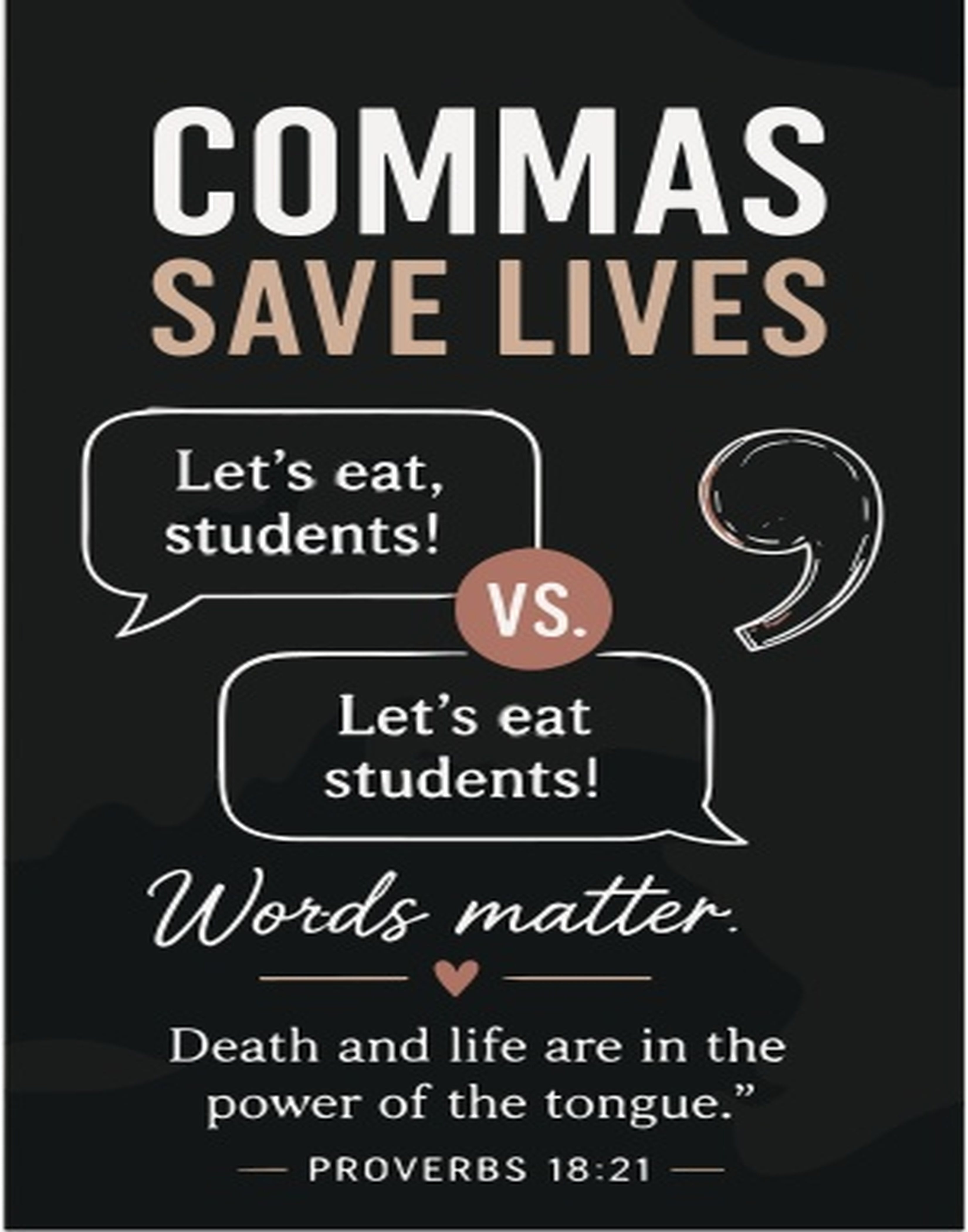 "Commas Save Lives" with examples of sentence punctuation and Proverb 18:21.