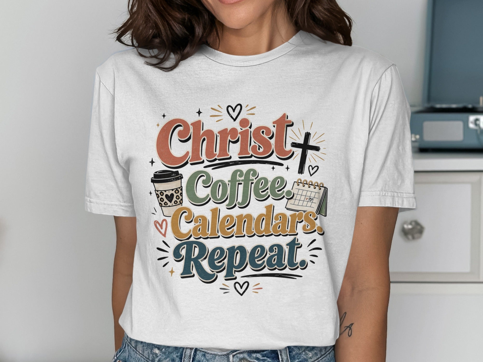 Christ Coffee Calendars Repeat graphic t-shirt.
