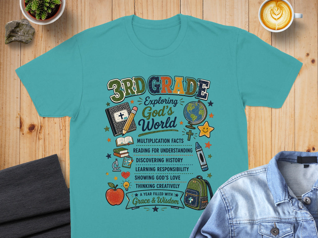 Teal t-shirt with "3rd Grade: Exploring God's World" and school-themed graphics.