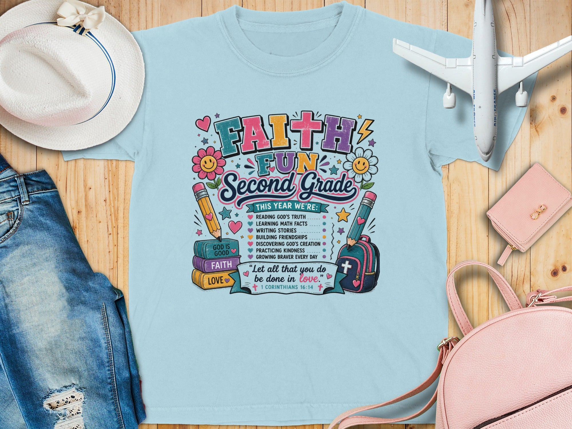 T-shirt design for second grade with "Faith, Fun" and Bible verse.