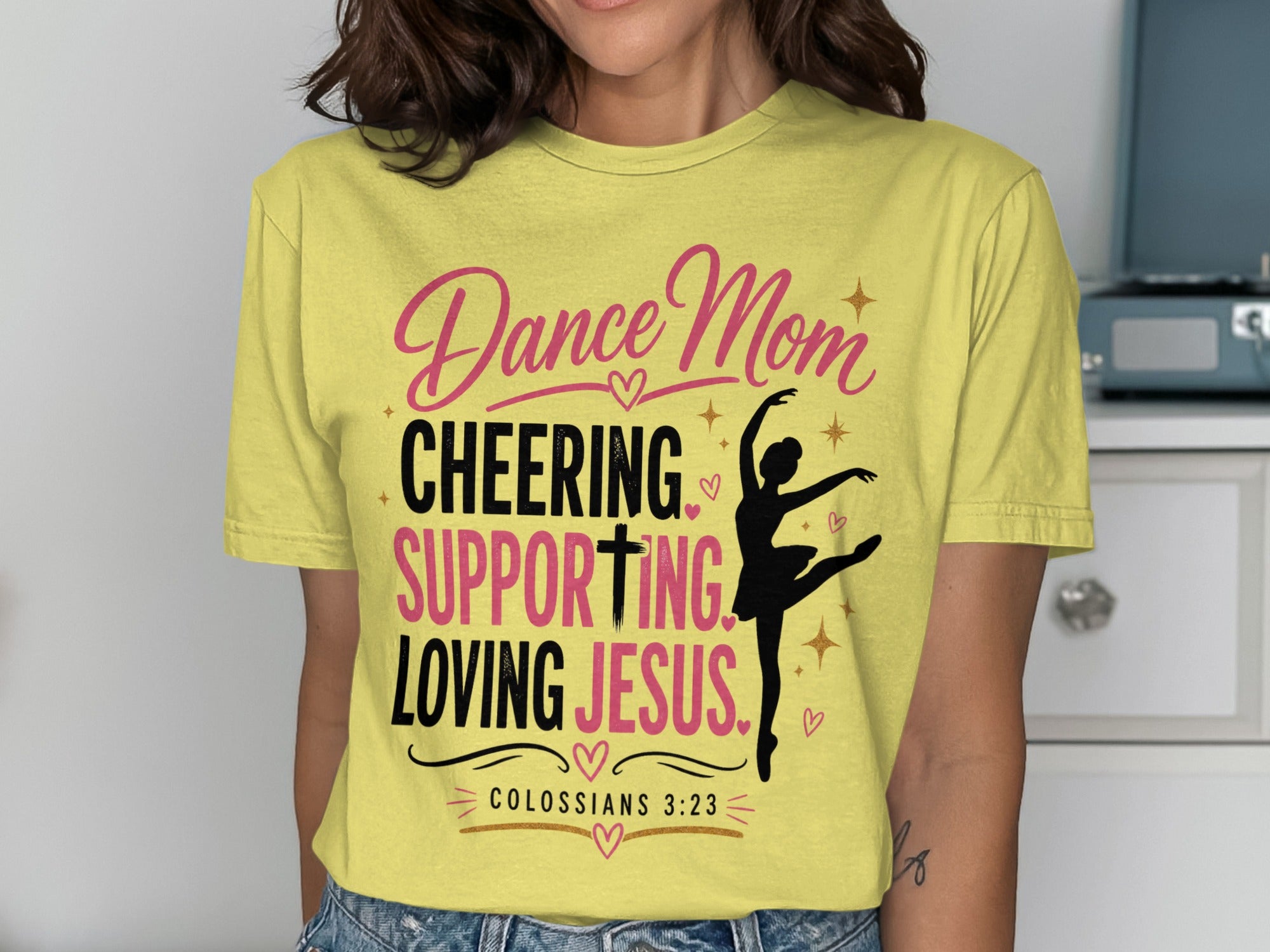 Yellow t-shirt with "Dance Mom Cheering Supporting Loving Jesus" and ballerina graphic.