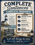 Poster about complete sentences, featuring a lighthouse, signposts, and grammar rules.
